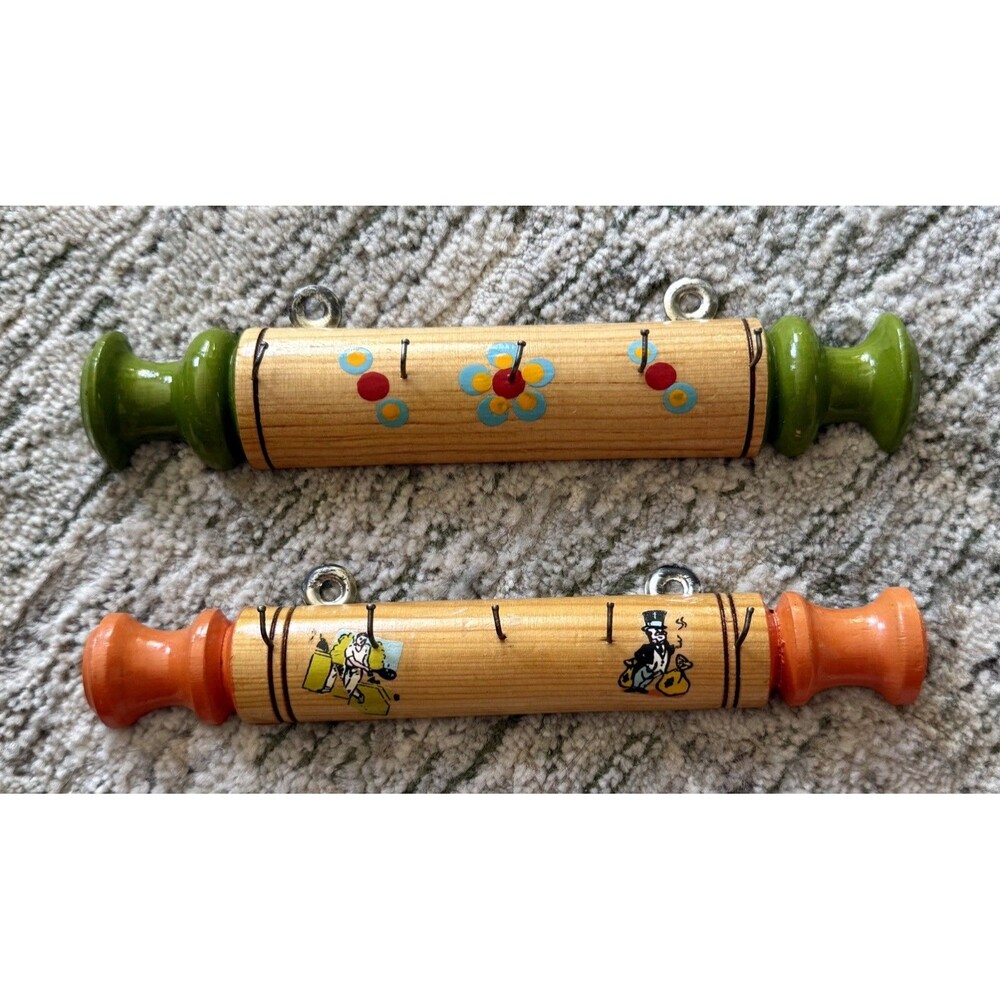 2 Wooden Rolling Pin Key Utensil Holder Hooks Wall Mount 1940s Kitchen Vintage